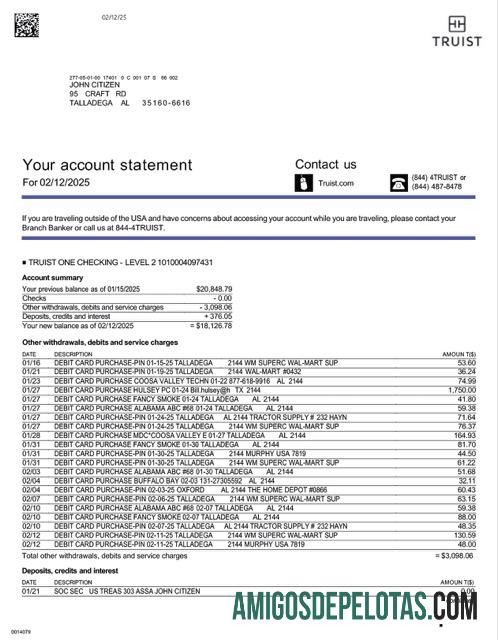 Extrato de conta bancária Truist dos EUA para impressão, modelo Word e PDF